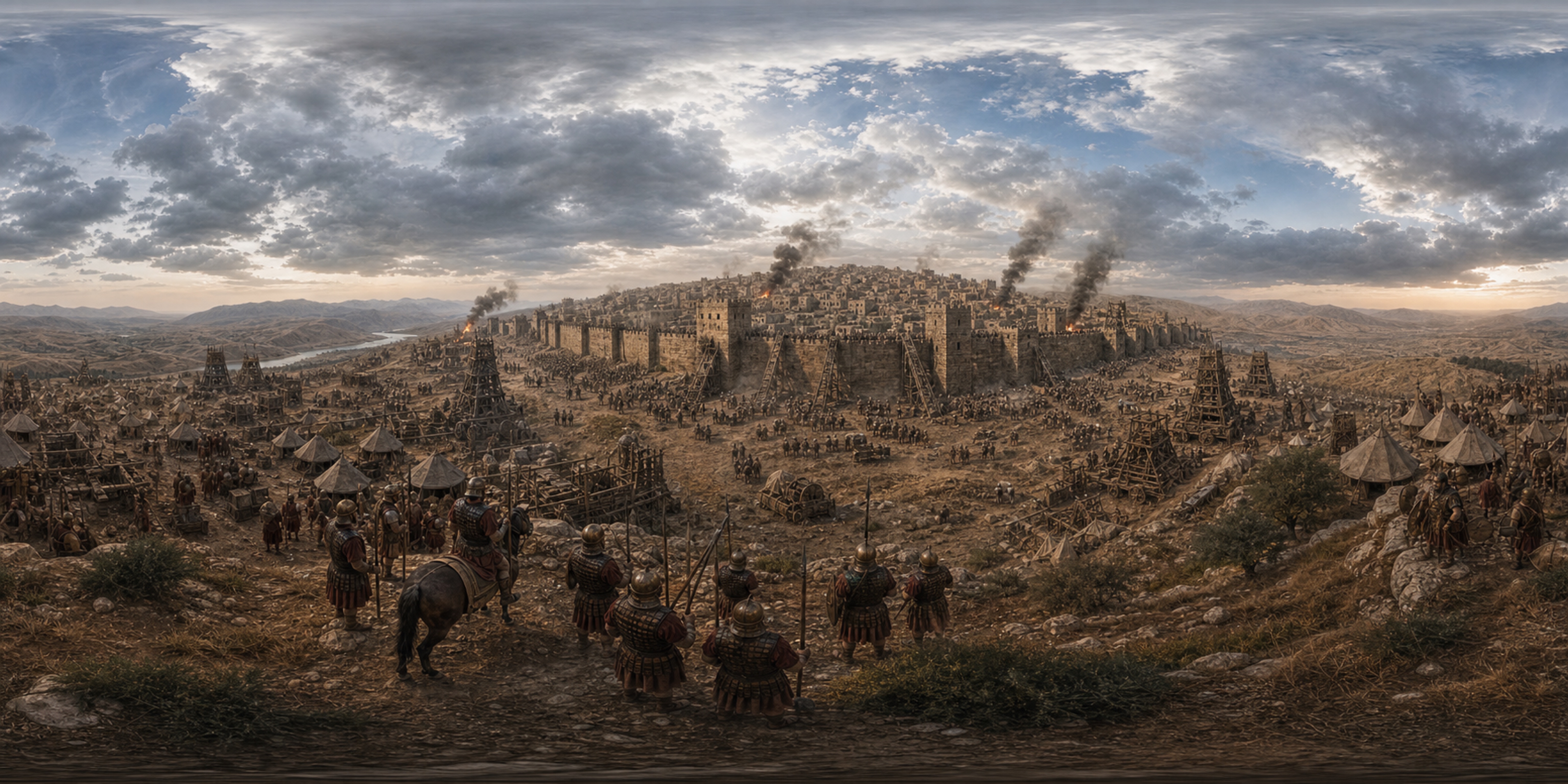 Cinematic panorama of ancient Samaria under siege